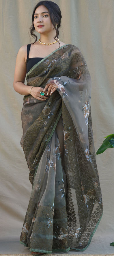 Grey Pure Silk Organza Saree Design by Via East at Pernia's Pop Up Shop 2024