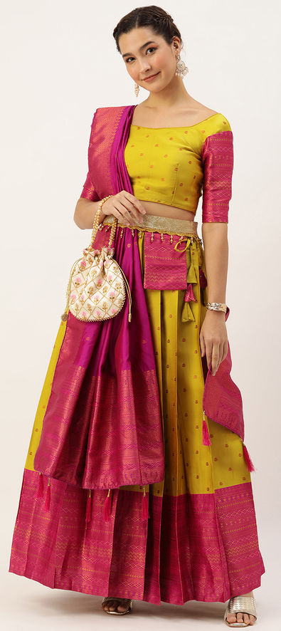 Golden Yellow & Pink Zari Woven Combination Silk Lehenga - VogueGenie