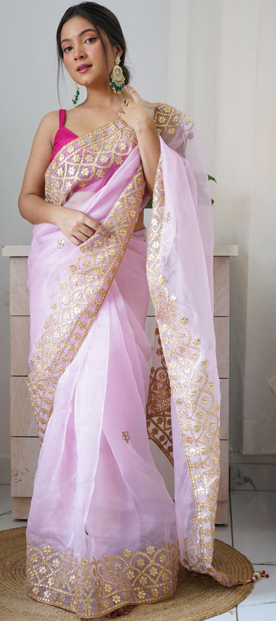 ROSE DUST PINK SATIN SAREE WITH BLOOMING CANDY BLOUSE – Store No.6