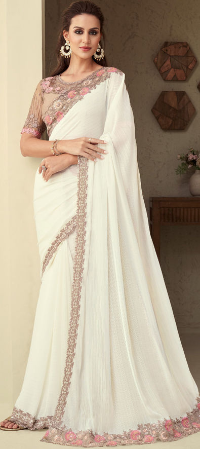 Hand Embroidered Viscose Georgette Saree in White : SEH2635