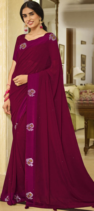 Deep red georgette saree with stone work and and pearl edging – House of  Blouse | Georgette sarees, Saree, Stylish sarees