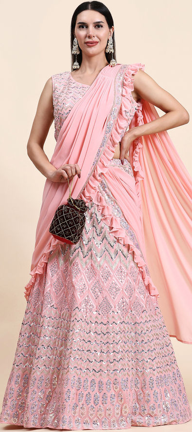 Buy Pink Embroidered Net Engagement Wear Lehenga Choli From Ethnic Plus