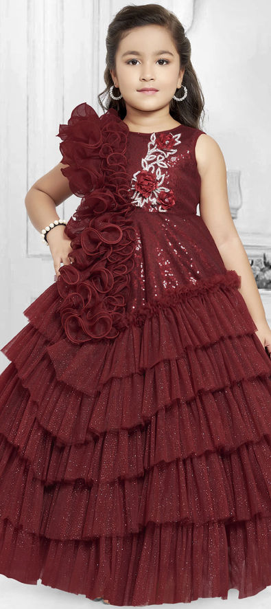 Devastating Party Wear Maroon Color Georgette Gown With 3 Layer Ruffle -  Fashion Mantra