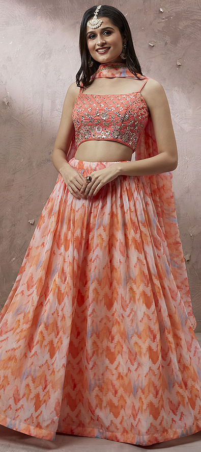 Peach Net / Tulle Engagement Lehenga with Prices
