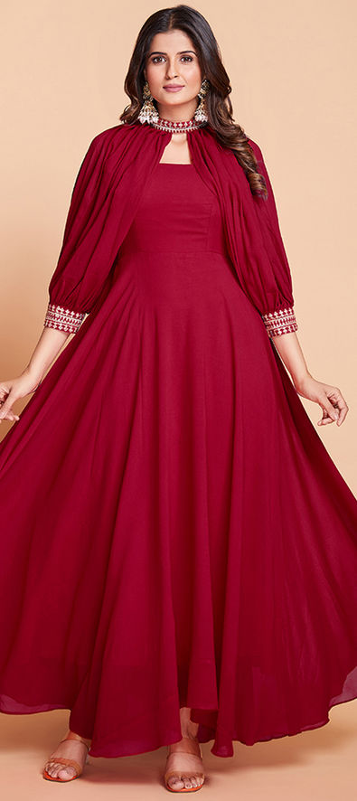 Party Wear Red and Maroon color Net fabric Girls Gown : 1893843