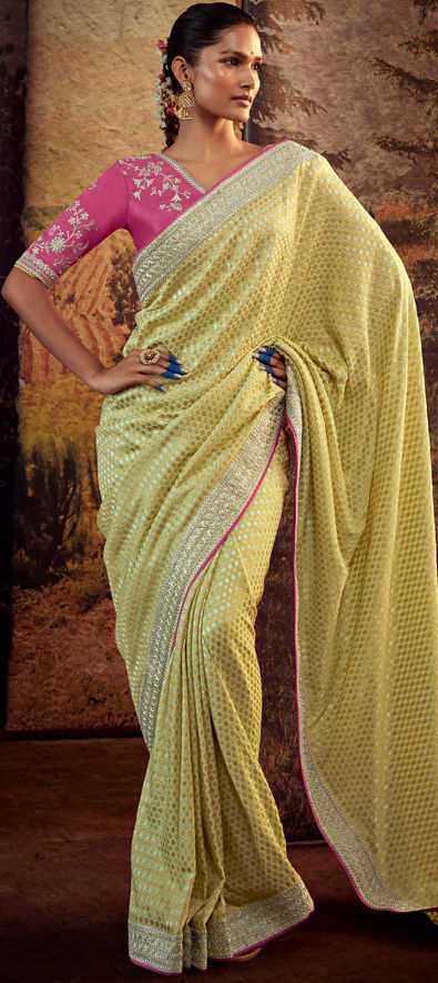 White & Yellow Floral Zari Woven Banarasi Silk Saree with Embroidered –  Ethnos