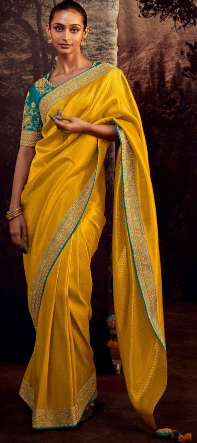 Yellow Wedding Wear Silk Saree With Embroidery