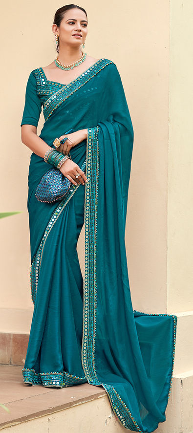 Teal Blue Stone Embroidered Ready Plated Saree