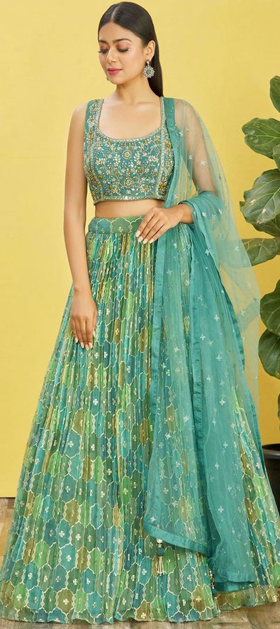 Buy Green Crepe Embroidery Applique Leaf Neck Bridal Lehenga Set For Women  by Adi By Aditya Khandelwl Online at Aza Fashions.