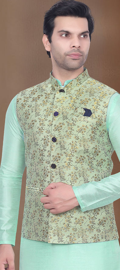 Readymade Green Kurta Pant With Embroidered Nehru Jacket Men 548MW22