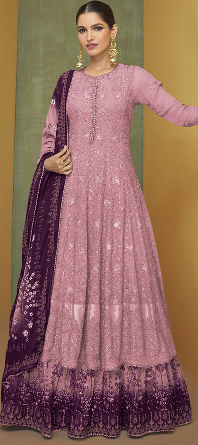 Amazing Purple Party Wear Thread Worked Faux Georgette Anarkali Suit