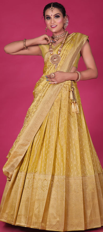 Banarasi Silk and Taffeta Silk A Line Lehenga Choli In Yellow Colour