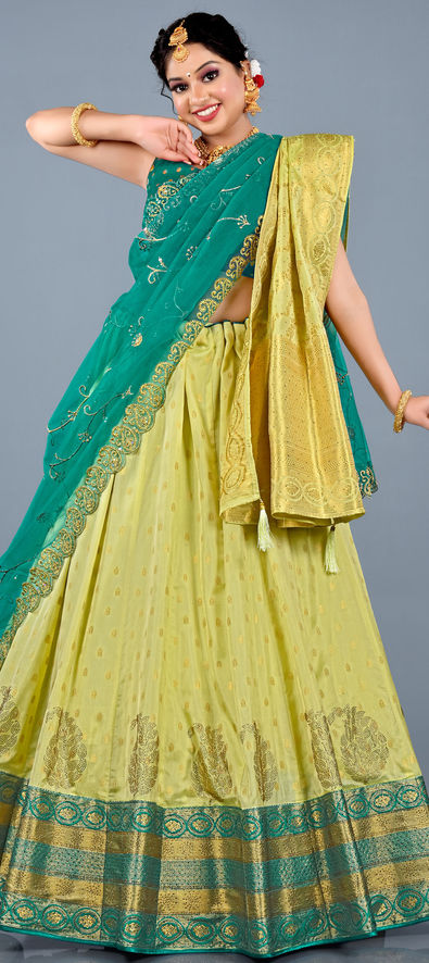 1001372 Blue And Golden Crop Top Lehenga In Banarasi Silk Brocade