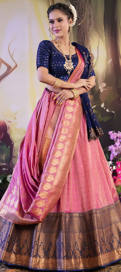 Mitera Navy Blue & Pink Woven Design Semi-Stitched Lehenga & Unstitched  Blouse with Dupatta - Absolutely Desi