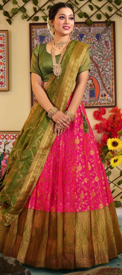 Buy Grass Green Brocade Weave Banarasi Silk Lehenga With Contrast Pink  Dupatta