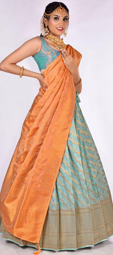 Buy DESIGNER SOFT TIFI SILK LEHENGA ORANGE WITH ROYAL BLUE. at Rs. 1350  online from Surati Fabric designer lehenga : SF-DL-ORB