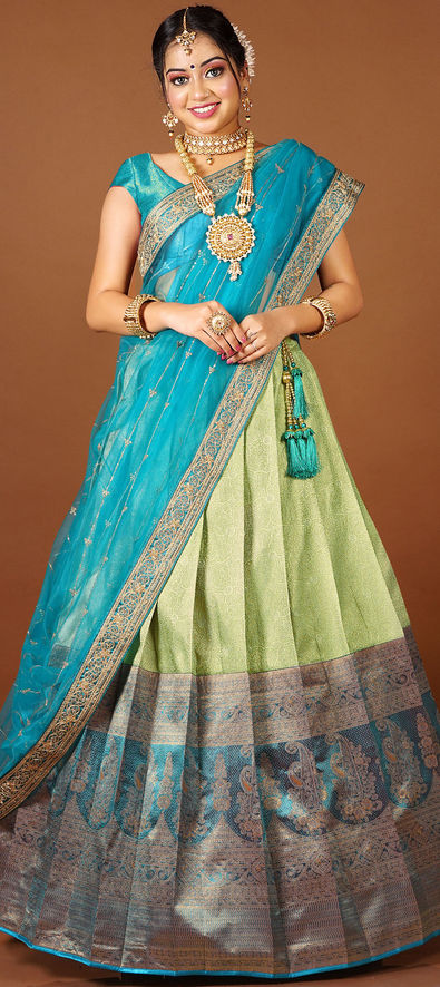 Blue-Green Shade with Golden Zeri Silk Lehenga Choli Ethnic Wear, Desi -  DesiGifts LLC