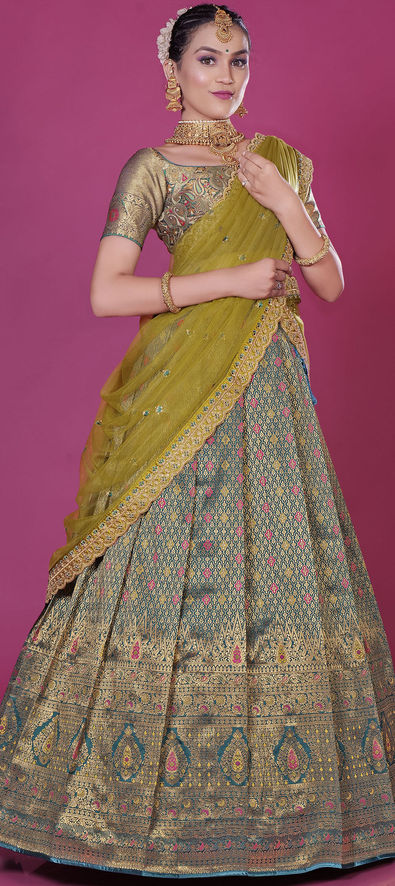 Buy Blue Lehenga Katan Silk Woven Mughal Brocade Banarasi Bridal Set For  Women by Weaver Story Online at Aza Fashions.