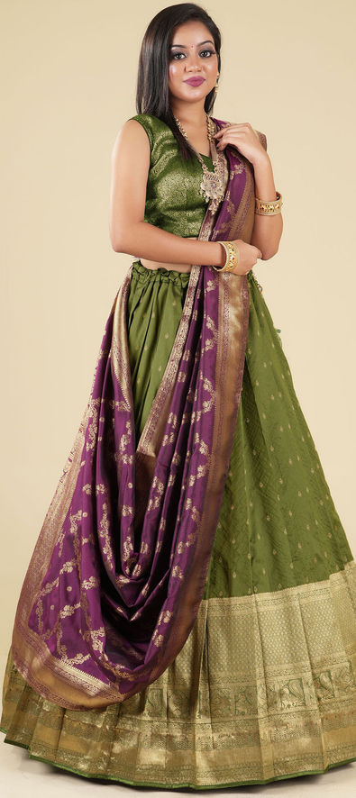 Green Engagement Satin A Line Lehenga Choli