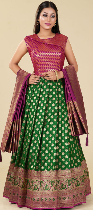 Luxuriant Sequence Embroidery Work Green with Pink Lehenga C