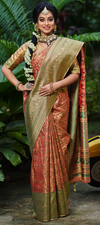 Silk Wedding Saree in Red and Maroon with Weaving work