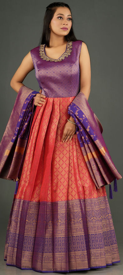 Purple and Pink Shade Brocade Lehenga Saree Blouse