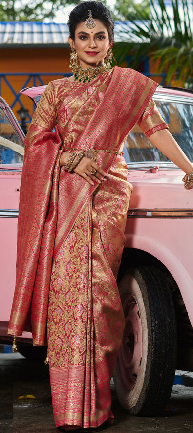 French Pink Designer Kanjivaram Inspired Soft Silk Saree with Grand Pallu.  | The Silk Trend