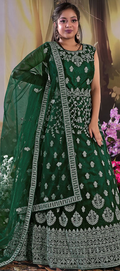 Designer Function Wear Sea Green Color Net Fabric Thread Embroidered  Lehenga Style Gown