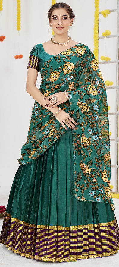Mustard Color Green Pure Silk Fabric Banarasi Lehenga Bridal