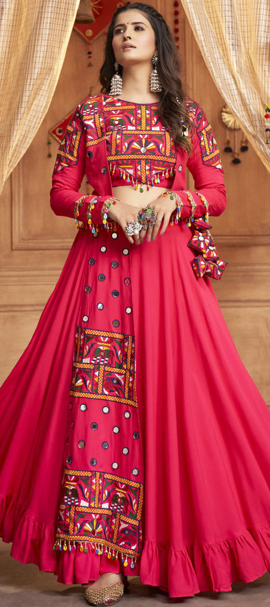 Festive, Navratri Pink and Majenta color Rayon fabric Ready to Wear Lehenga  : 1897188