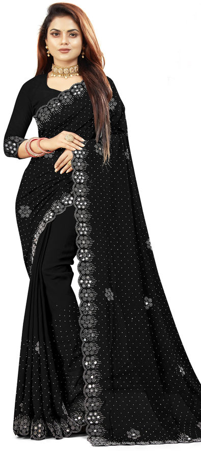 Black color party wear saree with thread embroidery – Panache Haute Couture