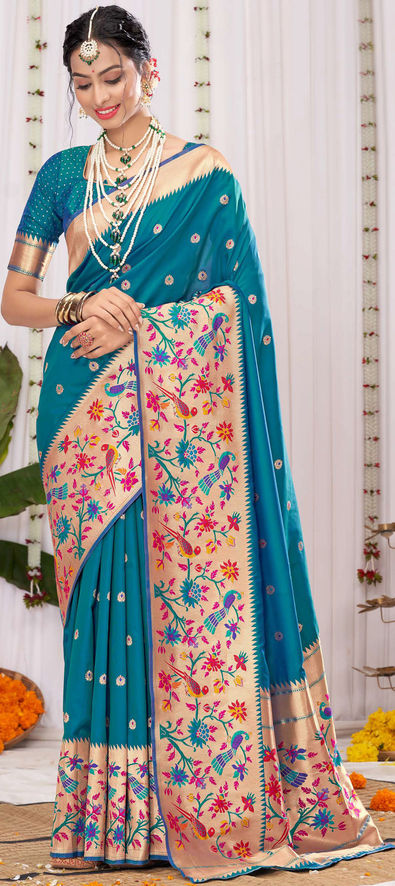 Silk Wedding Saree in Green with Weaving work