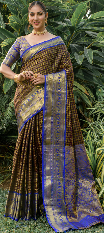 Weaving Work Designs Banarasi Silk Fabric Dark Beige Color Wedding