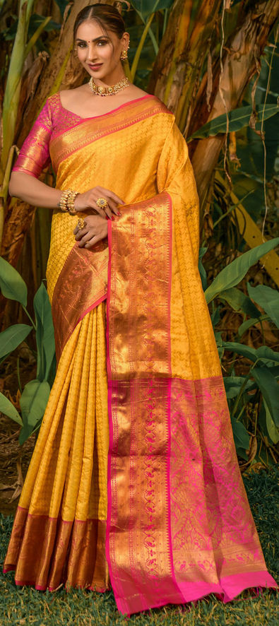 Yellow banarasi silk saree with blouse 10107