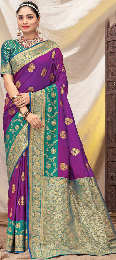 Bottle Green with Purple Colour Kanchipuram Traditional Soft Silk Sare –  Pulimoottil Online