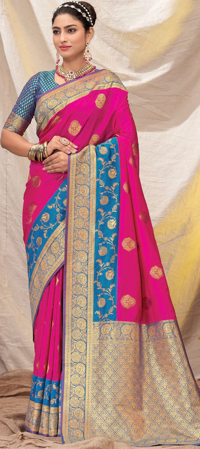 Pink Zari Woven Detailed Saree in Art Silk 5848SR06