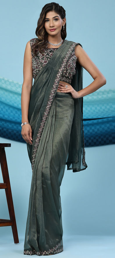 Lycra Party Wear Readymade Saree in Green With Sequence Work