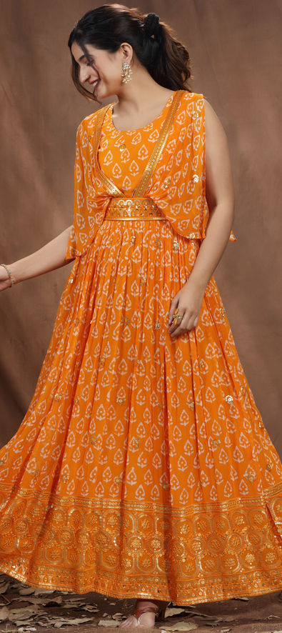 Heavy Real Georgette Party Wear Gown In Yellow Color With Embrodiery Work -  Gown