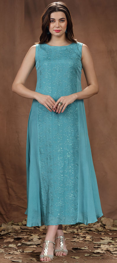 Floral Appliqued Sky Blue Satin Engagement Dress - Promfy