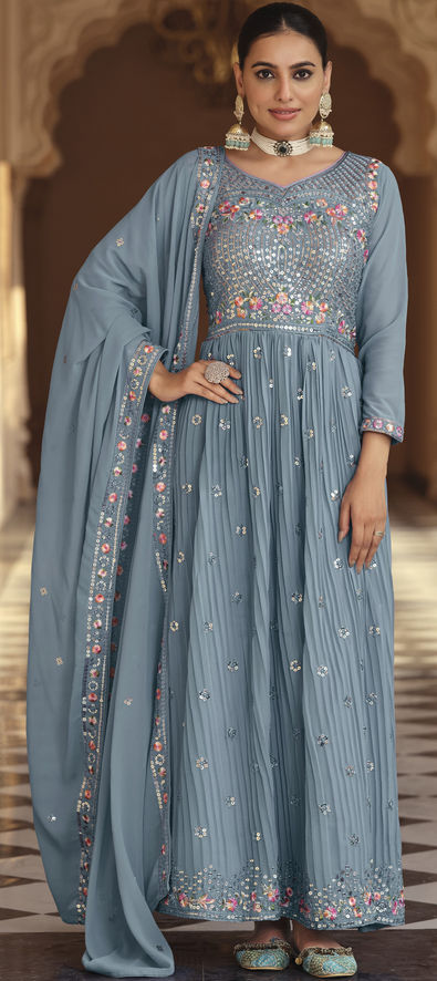 Blue Readymade Cotton Gown With Paisley Print 258GW01