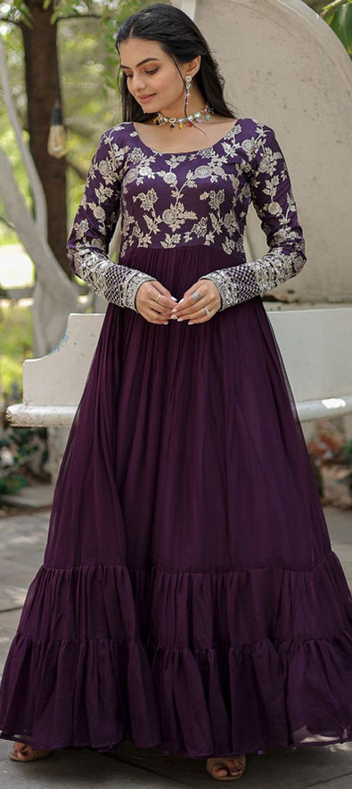 Fancy Round Neck Purple Color Long Gown - Clothsvilla