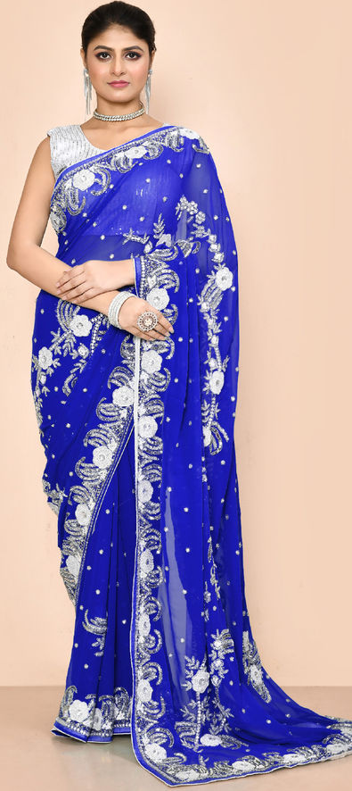 Royal Blue fancy fabrics fancy lace Saree With Blouse Piece. - VALAM PRINTS  - 3517446