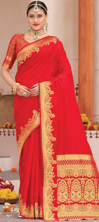 Glam Silk Saree with blouse in red color