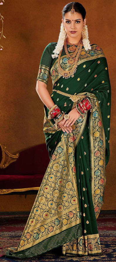 Buy DIVINE DUST Woven Kanjivaram Art Silk Dark Green Sarees Online @ Best  Price In India | Flipkart.com