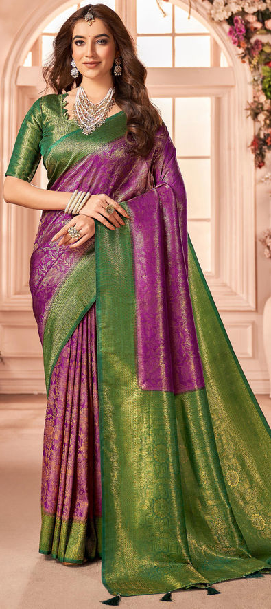 Silk Sarees : Green soft lichi silk jacquard weaving work ...