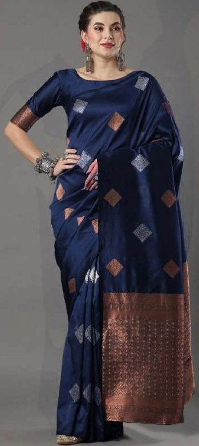 Blue & Sky Blue Coloured Exclusive Soft Raw Silk with Contrast Temple –  Royskart