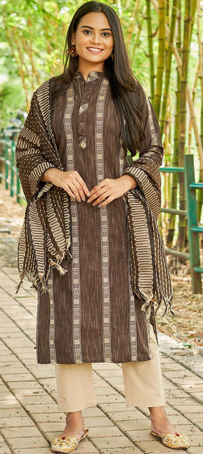 Cotton Party Wear Salwar Kameez in Beige and Brown with Weaving work