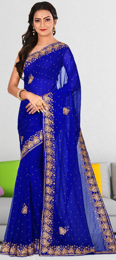 Royal blue georgette saree with stone work