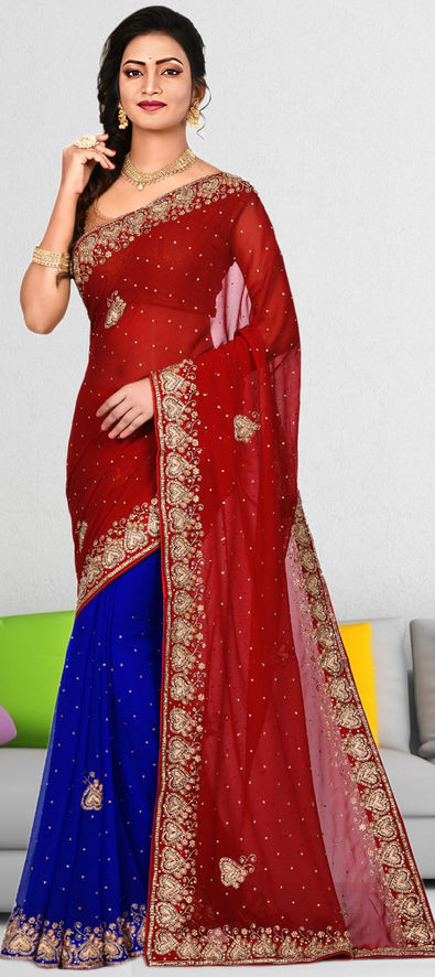 Latest Wedding Saree Collection Blue and Red Bridal Saree