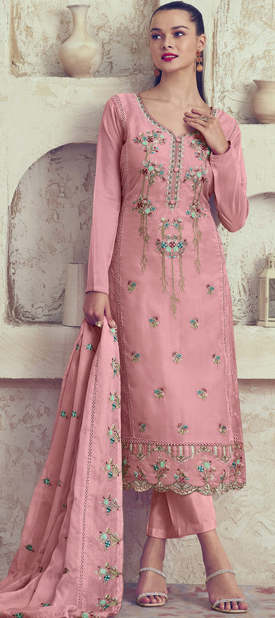 Festive, Party Wear Pink And Majenta Color Organza Silk Fabric Salwar ...